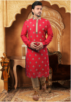 Red Color Slub Silk And Poly Fabric Kurta Set